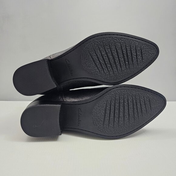 Clarks Morzine Top Chelsea Ankle Boot 9 Pewter Metallic Leather Block Heel NEW - Picture 11 of 13